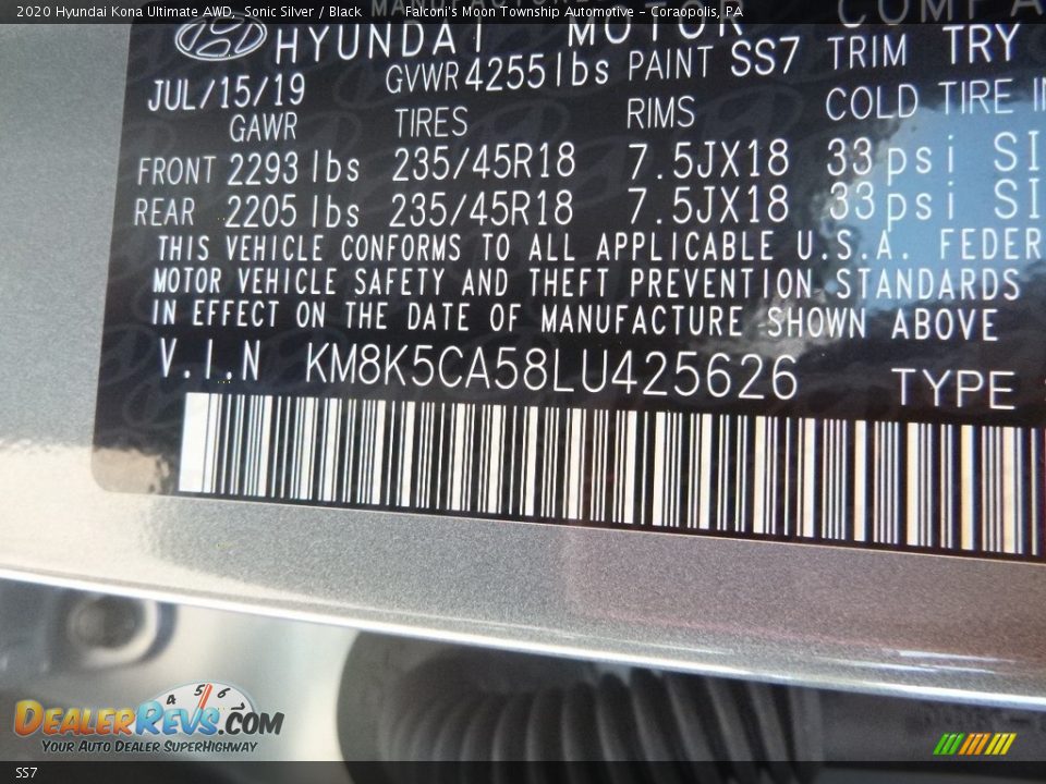 Hyundai Color Code SS7 Sonic Silver