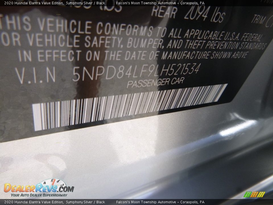 2020 Hyundai Elantra Value Edition Symphony Silver / Black Photo #12