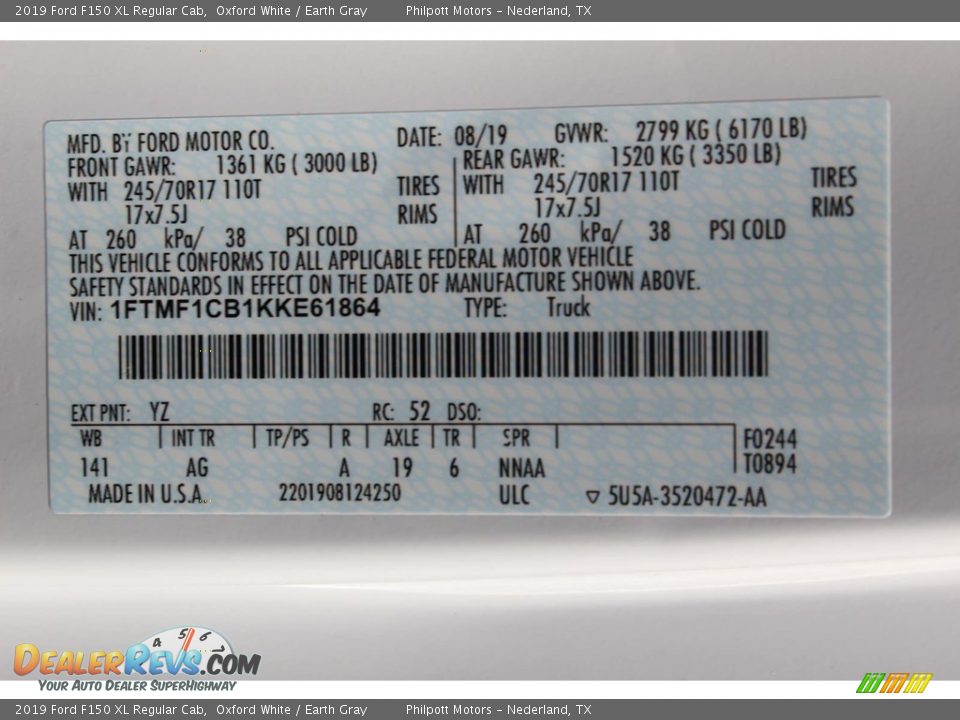 2019 Ford F150 XL Regular Cab Oxford White / Earth Gray Photo #24