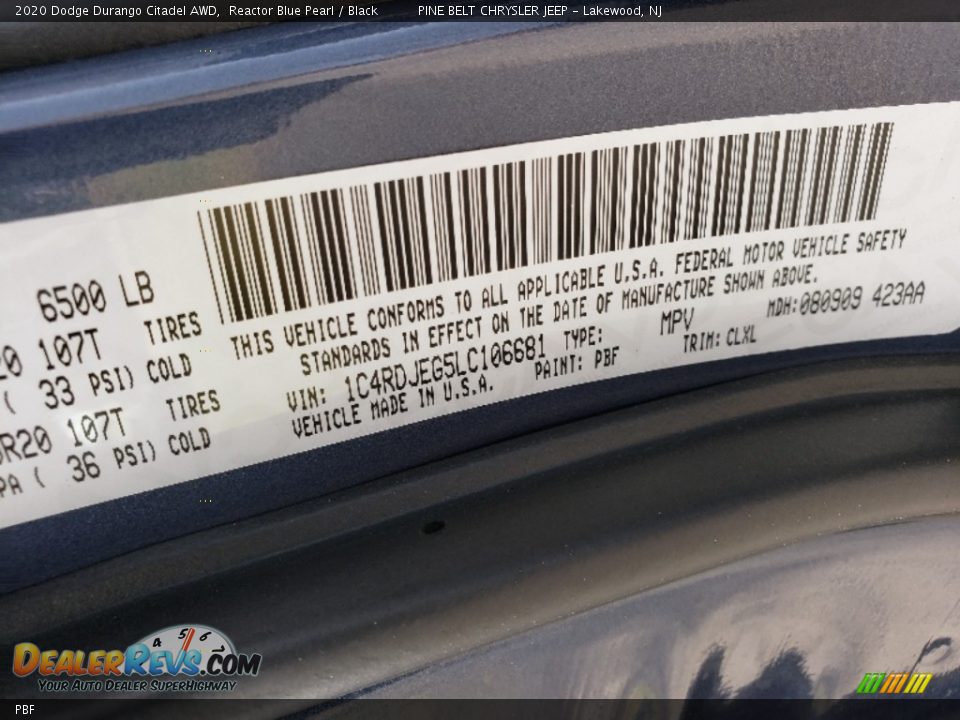 Dodge Color Code PBF Reactor Blue Pearl