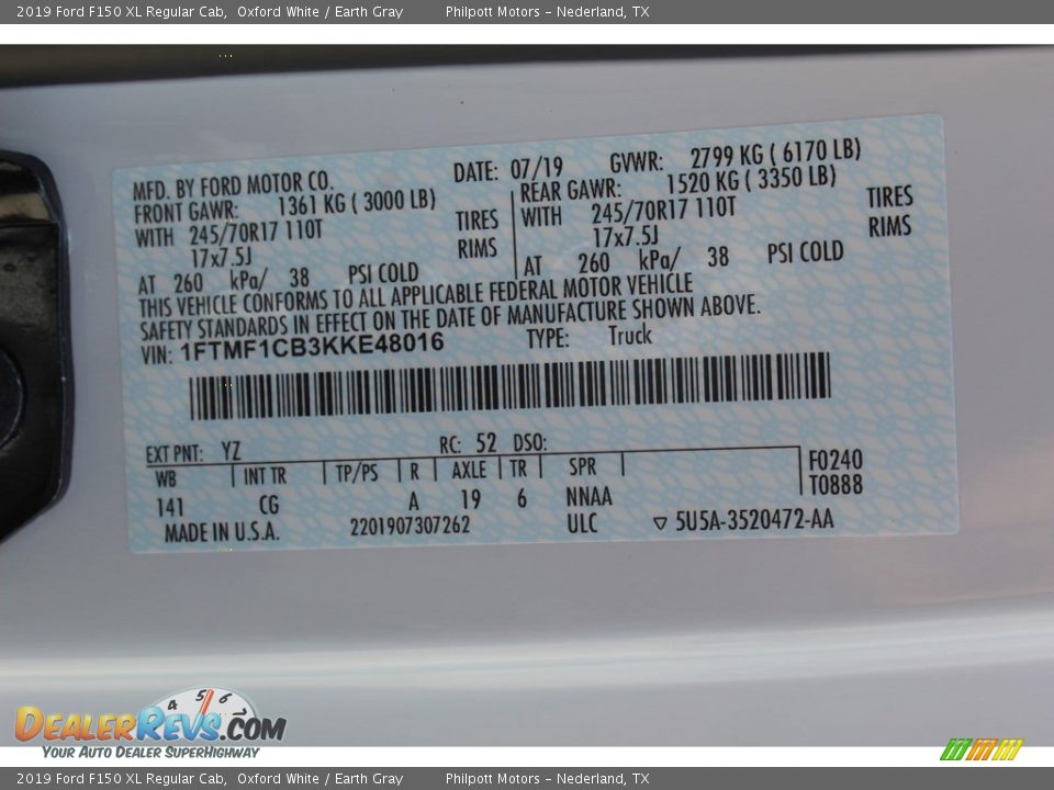 2019 Ford F150 XL Regular Cab Oxford White / Earth Gray Photo #26