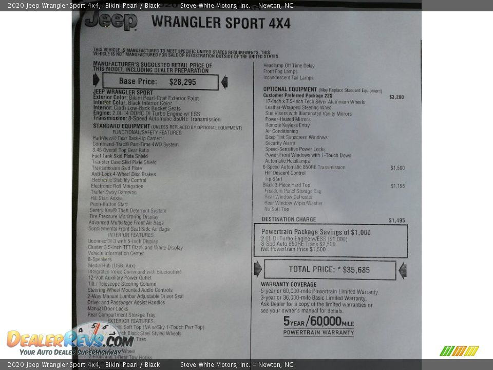 2020 Jeep Wrangler Sport 4x4 Window Sticker Photo #27