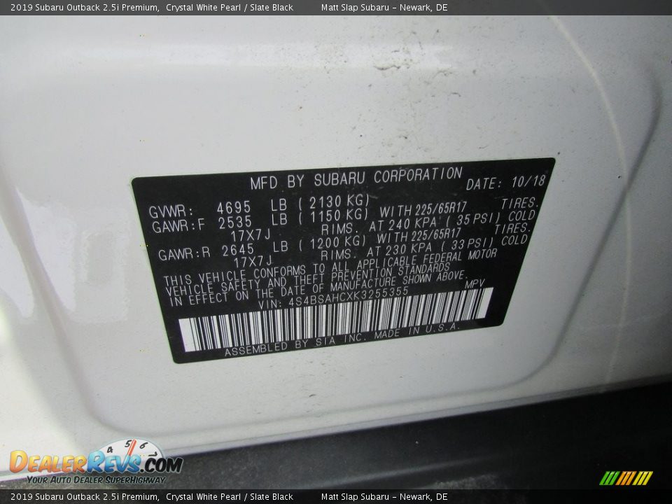 2019 Subaru Outback 2.5i Premium Crystal White Pearl / Slate Black Photo #31
