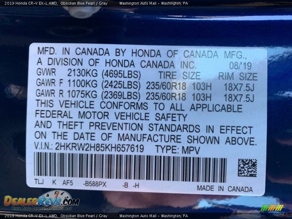 2019 Honda CR-V EX-L AWD Obsidian Blue Pearl / Gray Photo #9