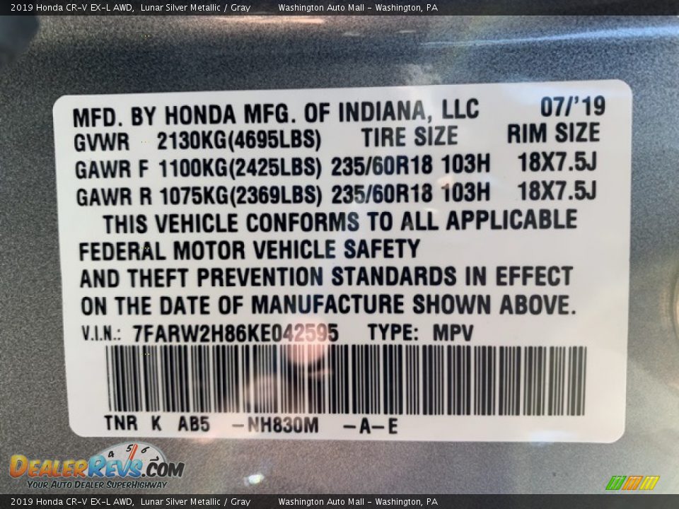 2019 Honda CR-V EX-L AWD Lunar Silver Metallic / Gray Photo #9