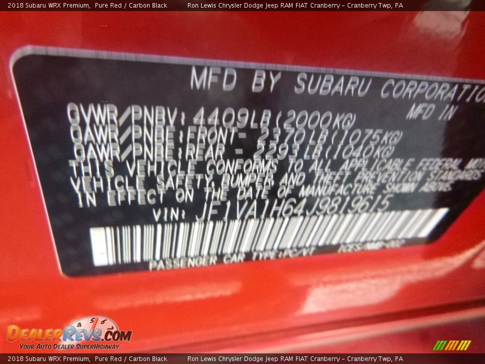 2018 Subaru WRX Premium Pure Red / Carbon Black Photo #16