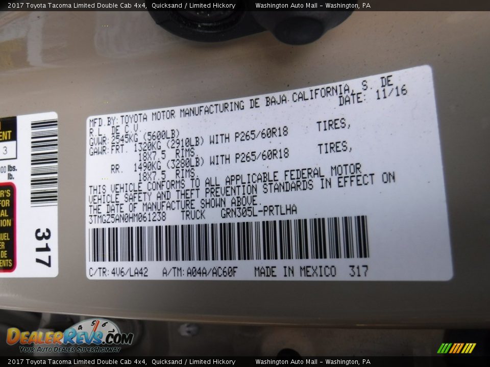 2017 Toyota Tacoma Limited Double Cab 4x4 Quicksand / Limited Hickory Photo #36