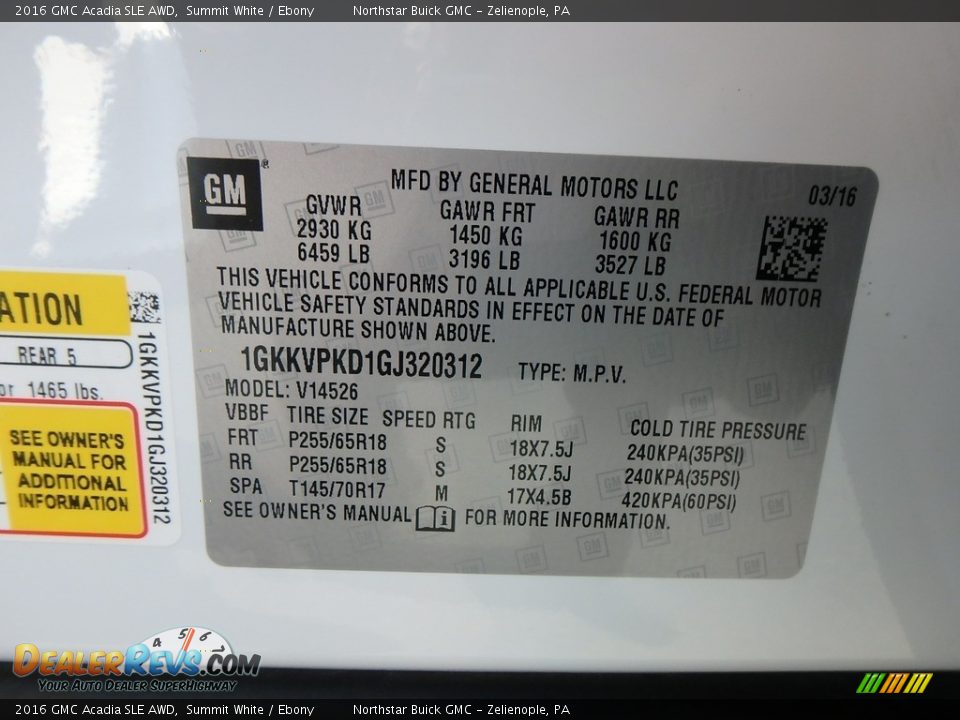 2016 GMC Acadia SLE AWD Summit White / Ebony Photo #16