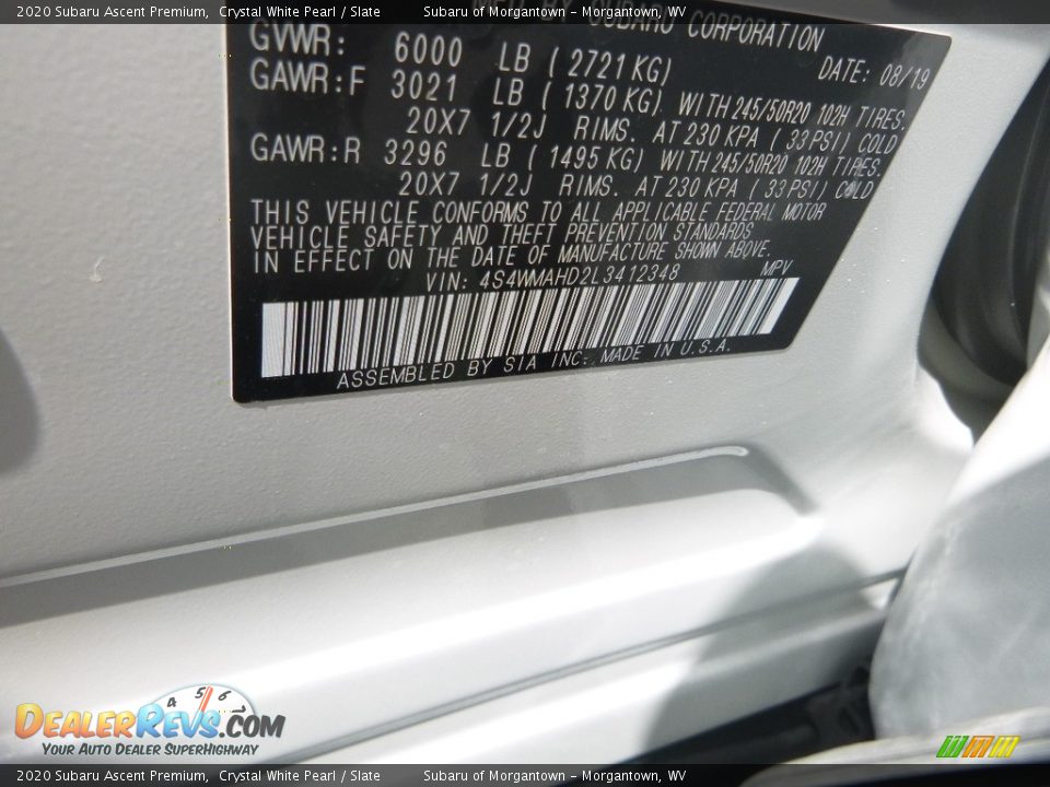 2020 Subaru Ascent Premium Crystal White Pearl / Slate Photo #16
