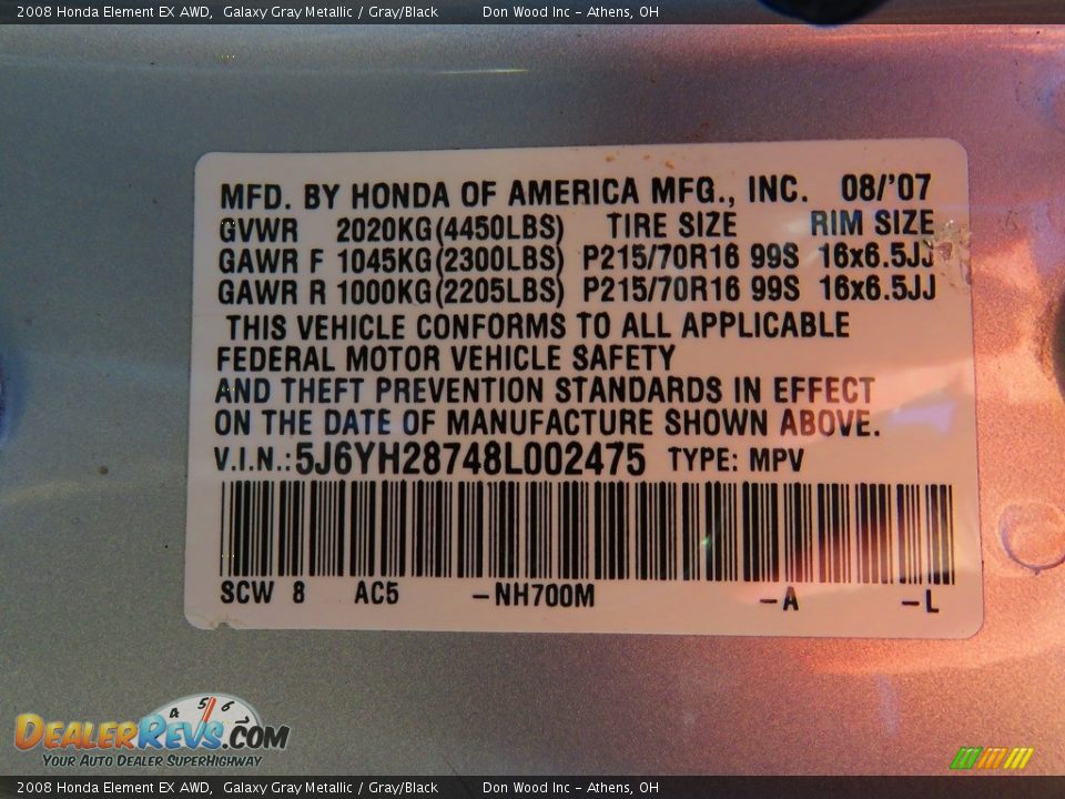 2008 Honda Element EX AWD Galaxy Gray Metallic / Gray/Black Photo #36