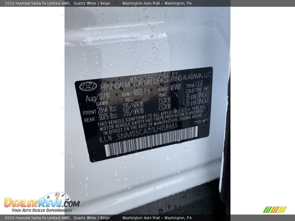 2020 Hyundai Santa Fe Limited AWD Quartz White / Beige Photo #10