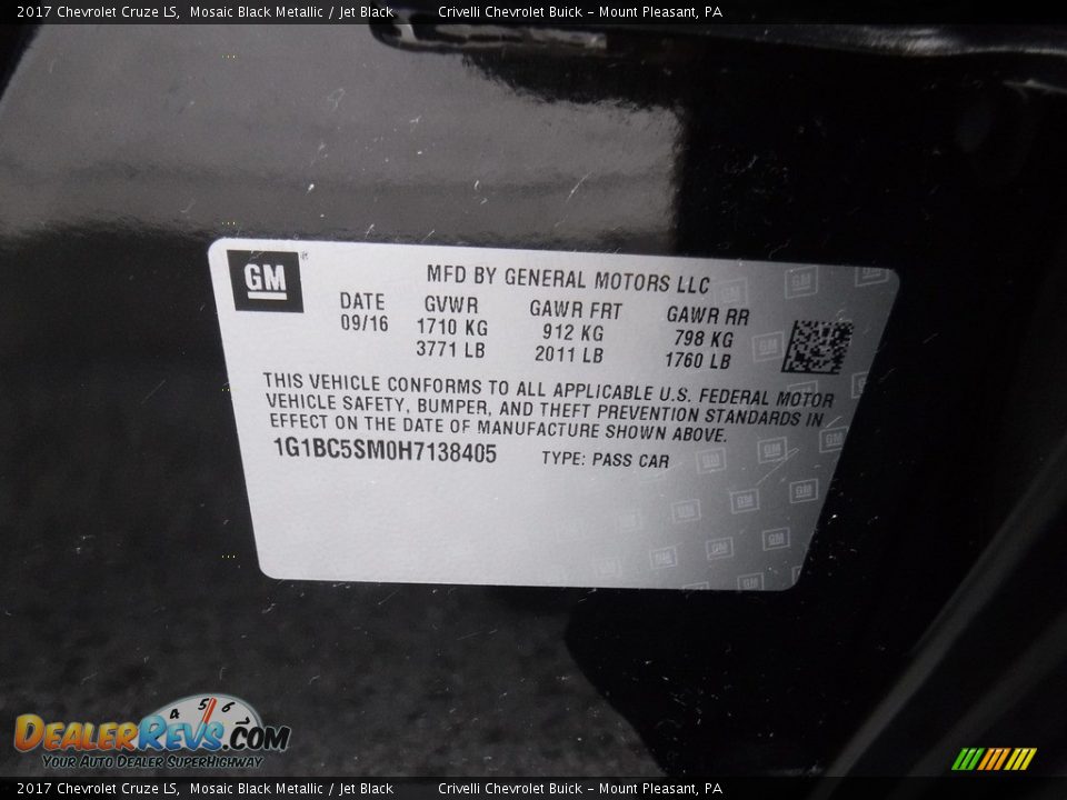 2017 Chevrolet Cruze LS Mosaic Black Metallic / Jet Black Photo #31