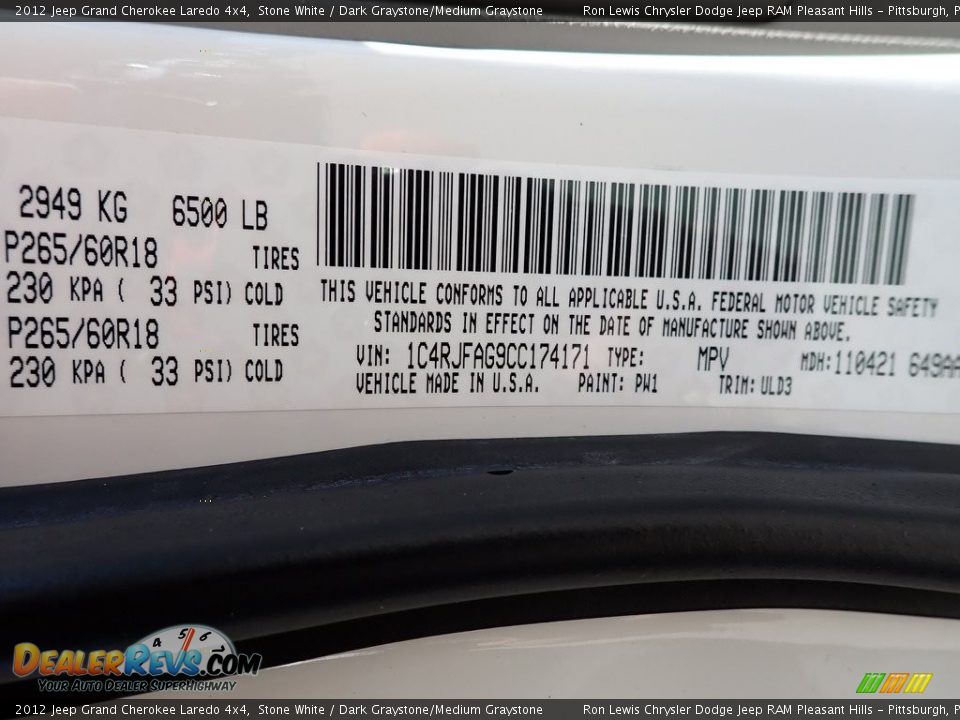 2012 Jeep Grand Cherokee Laredo 4x4 Stone White / Dark Graystone/Medium Graystone Photo #15