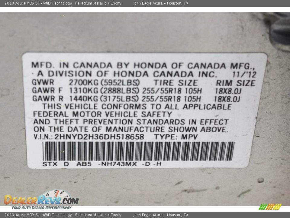 2013 Acura MDX SH-AWD Technology Palladium Metallic / Ebony Photo #16