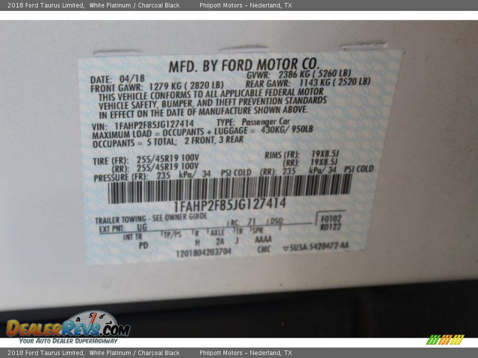 2018 Ford Taurus Limited White Platinum / Charcoal Black Photo #33