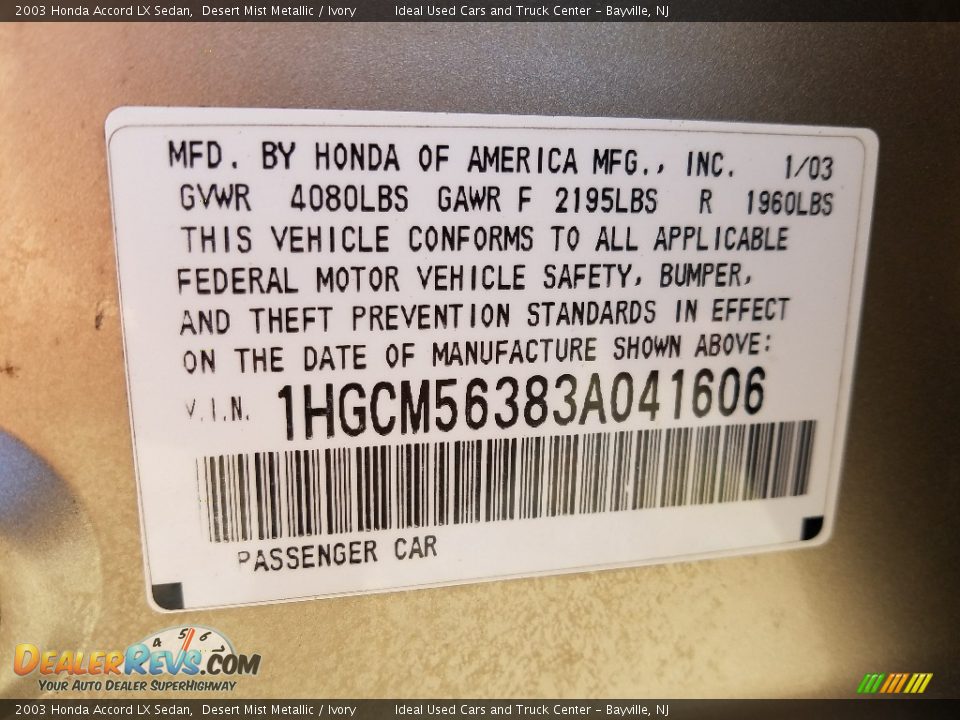 2003 Honda Accord LX Sedan Desert Mist Metallic / Ivory Photo #22