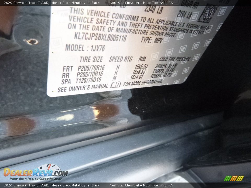 2020 Chevrolet Trax LT AWD Mosaic Black Metallic / Jet Black Photo #16
