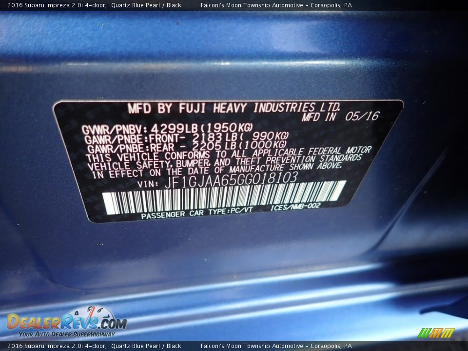 2016 Subaru Impreza 2.0i 4-door Quartz Blue Pearl / Black Photo #23