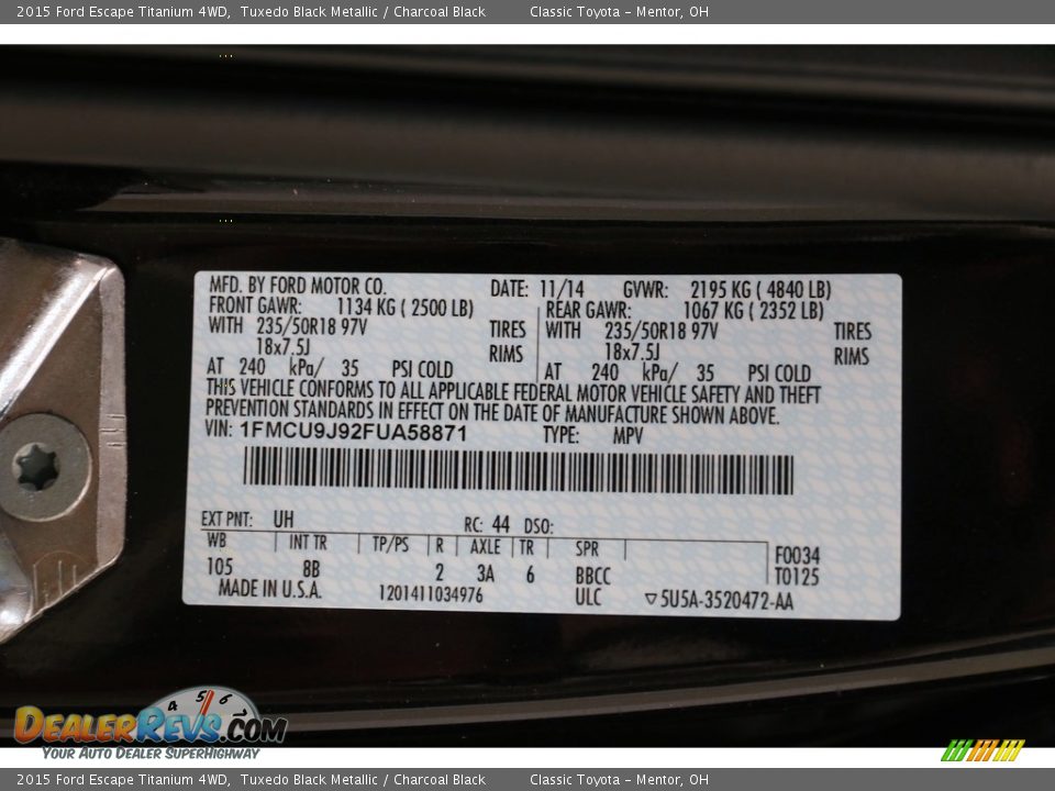 2015 Ford Escape Titanium 4WD Tuxedo Black Metallic / Charcoal Black Photo #22