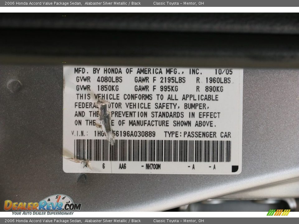 2006 Honda Accord Value Package Sedan Alabaster Silver Metallic / Black Photo #17