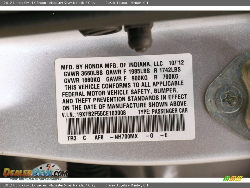 2012 Honda Civic LX Sedan Alabaster Silver Metallic / Gray Photo #18