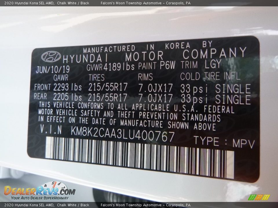 2020 Hyundai Kona SEL AWD Chalk White / Black Photo #12