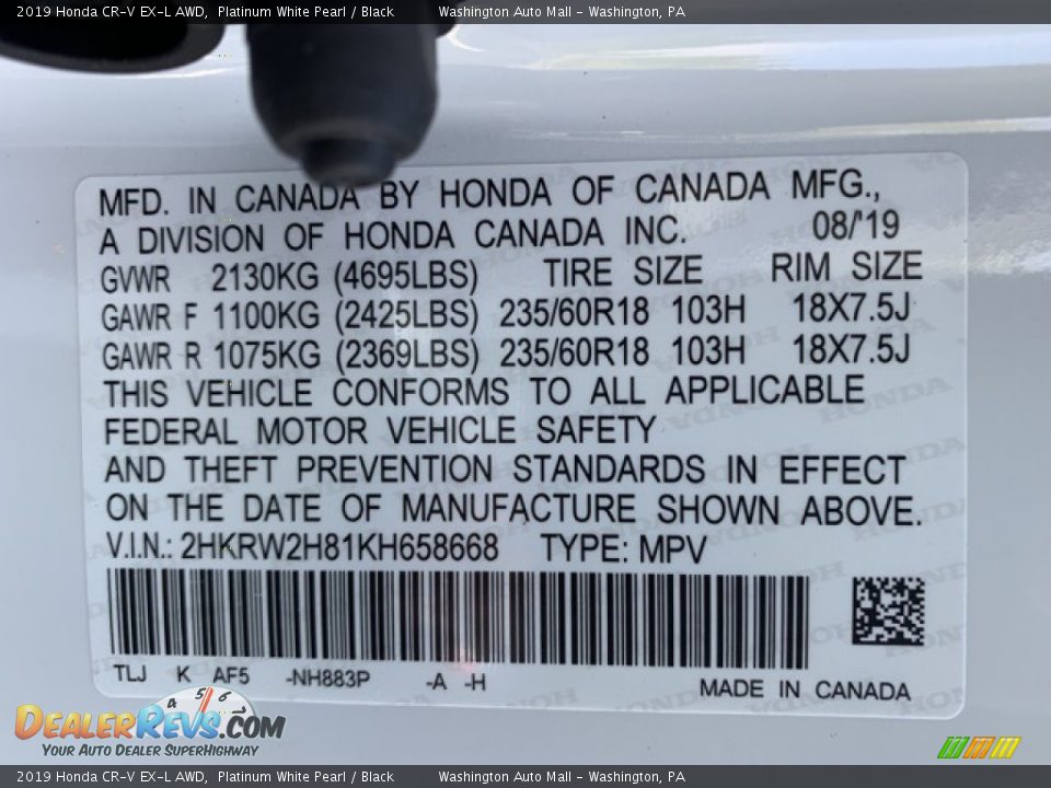 2019 Honda CR-V EX-L AWD Platinum White Pearl / Black Photo #9