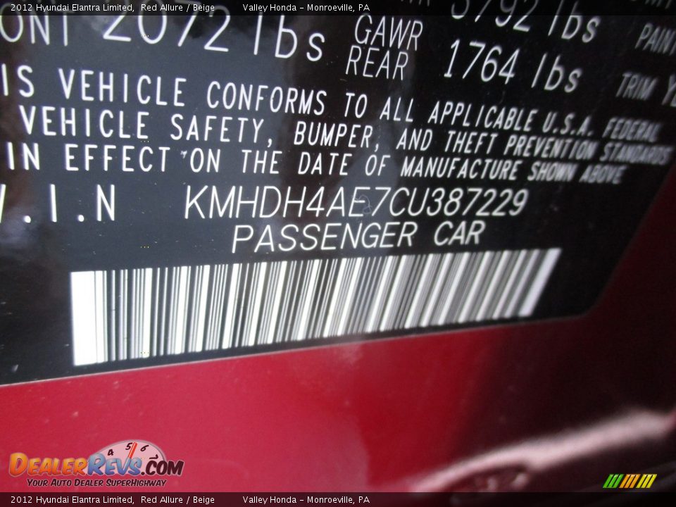 2012 Hyundai Elantra Limited Red Allure / Beige Photo #19