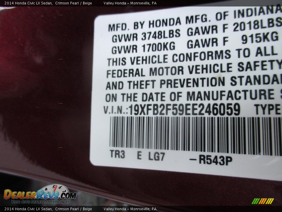 2014 Honda Civic LX Sedan Crimson Pearl / Beige Photo #19