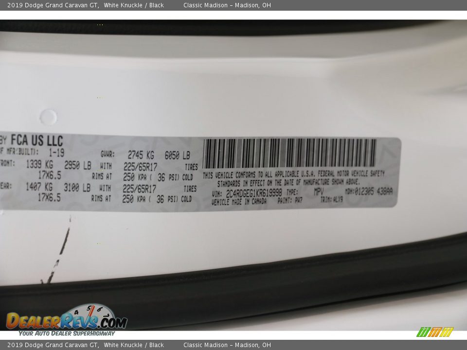 2019 Dodge Grand Caravan GT White Knuckle / Black Photo #24