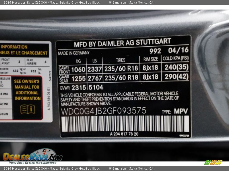 2016 Mercedes-Benz GLC 300 4Matic Selenite Grey Metallic / Black Photo #36