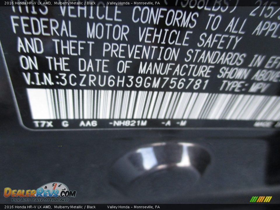 2016 Honda HR-V LX AWD Mulberry Metallic / Black Photo #19
