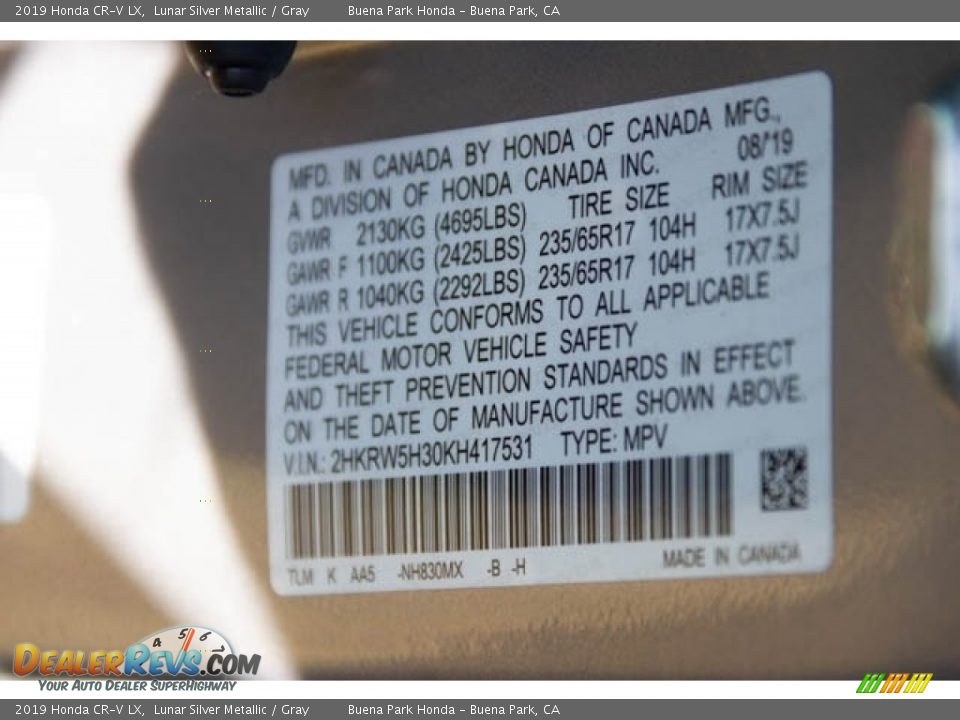 2019 Honda CR-V LX Lunar Silver Metallic / Gray Photo #27