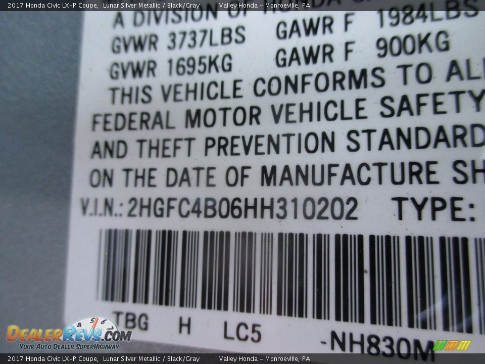 2017 Honda Civic LX-P Coupe Lunar Silver Metallic / Black/Gray Photo #19