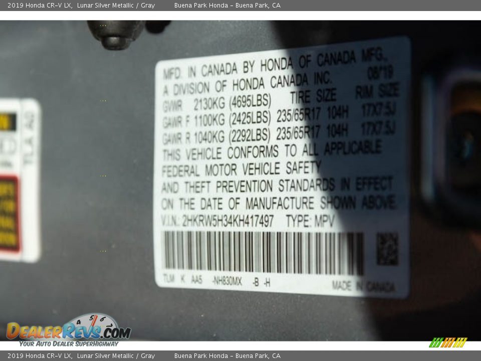 2019 Honda CR-V LX Lunar Silver Metallic / Gray Photo #27