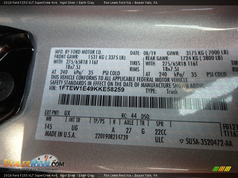 2019 Ford F150 XLT SuperCrew 4x4 Ingot Silver / Earth Gray Photo #10