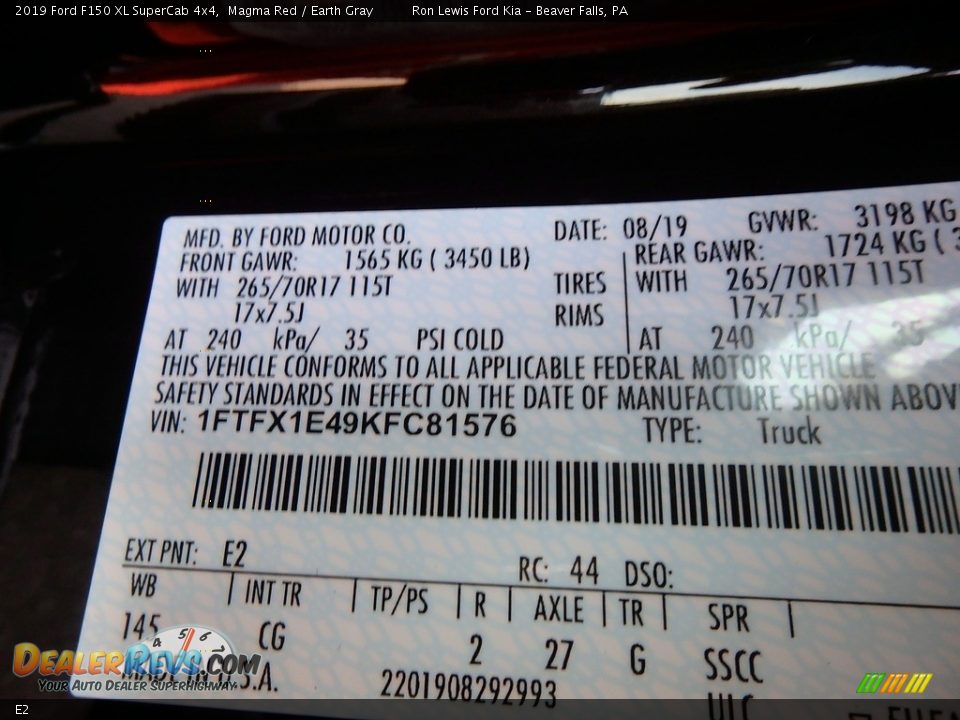 Ford Color Code E2 Magma Red