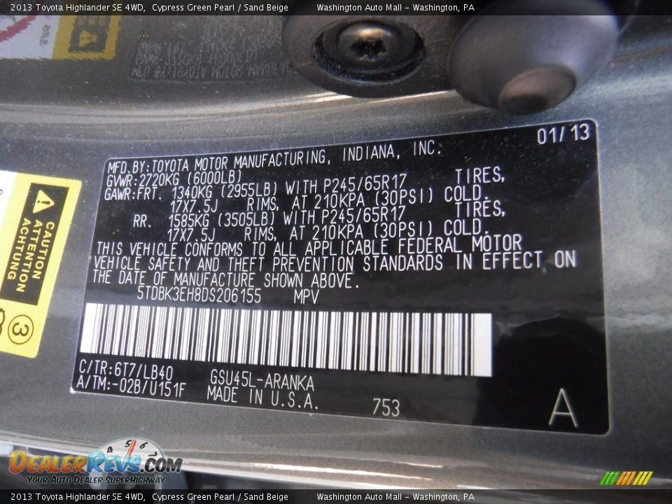 2013 Toyota Highlander SE 4WD Cypress Green Pearl / Sand Beige Photo #28