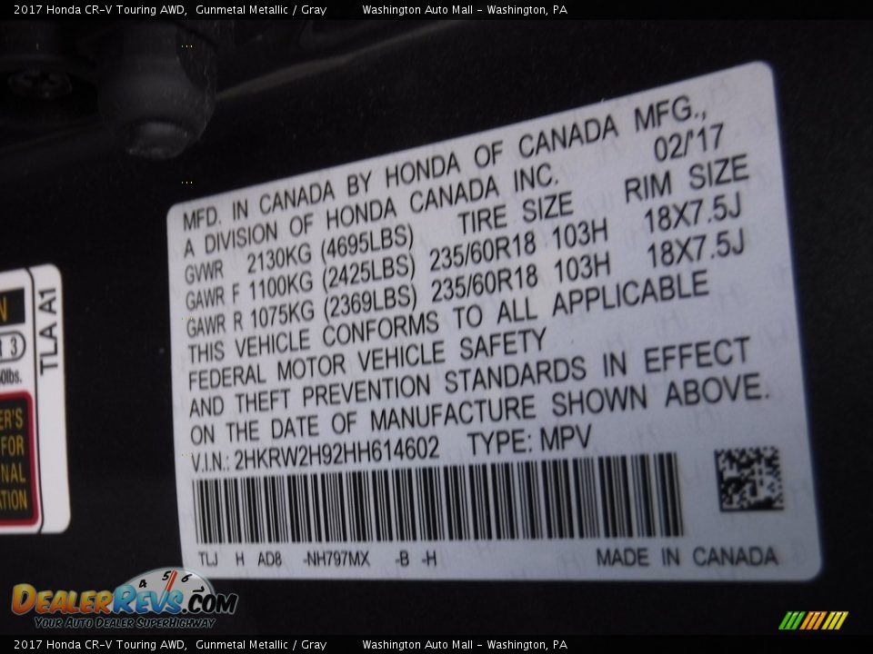 2017 Honda CR-V Touring AWD Gunmetal Metallic / Gray Photo #27