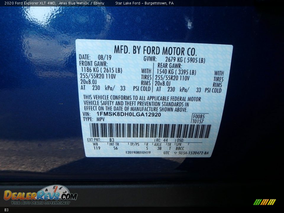 Ford Color Code B3 Atlas Blue Metallic