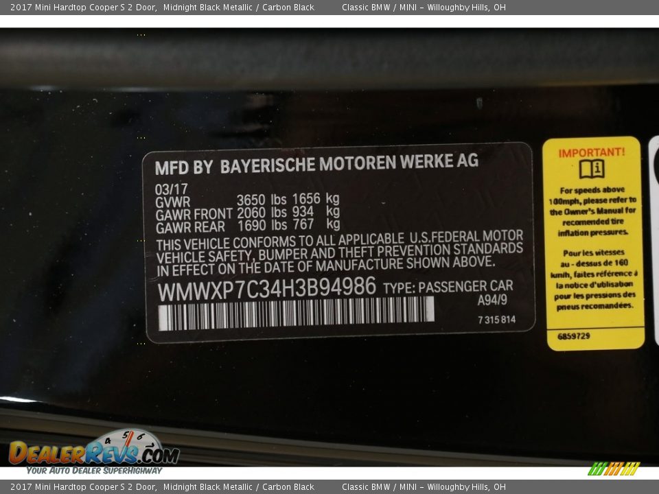 2017 Mini Hardtop Cooper S 2 Door Midnight Black Metallic / Carbon Black Photo #21