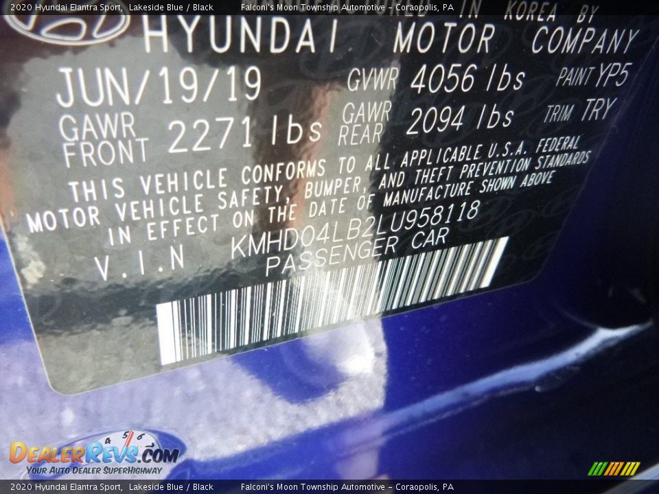 2020 Hyundai Elantra Sport Lakeside Blue / Black Photo #12