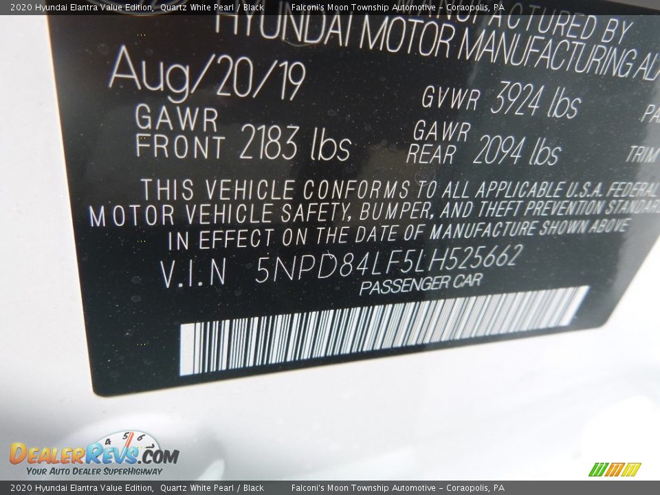 2020 Hyundai Elantra Value Edition Quartz White Pearl / Black Photo #12