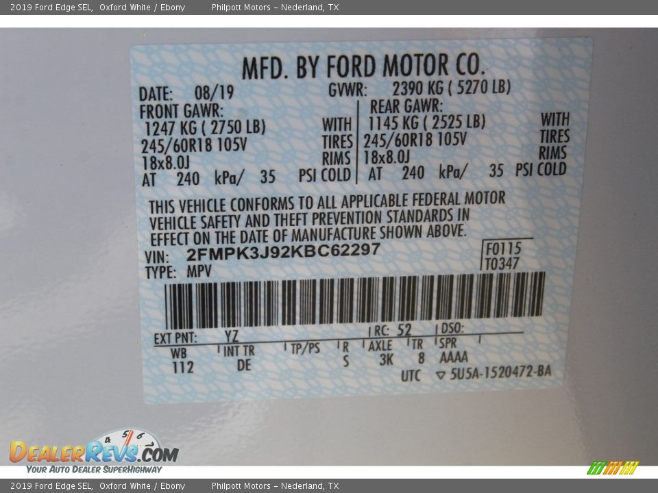 2019 Ford Edge SEL Oxford White / Ebony Photo #25