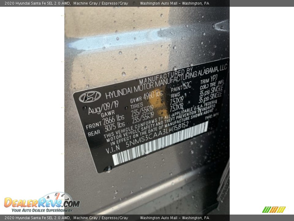 2020 Hyundai Santa Fe SEL 2.0 AWD Machine Gray / Espresso/Gray Photo #10
