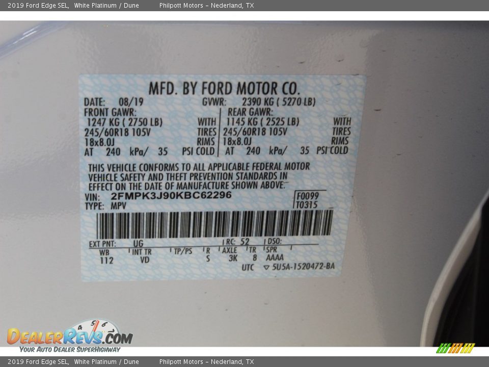 2019 Ford Edge SEL White Platinum / Dune Photo #25