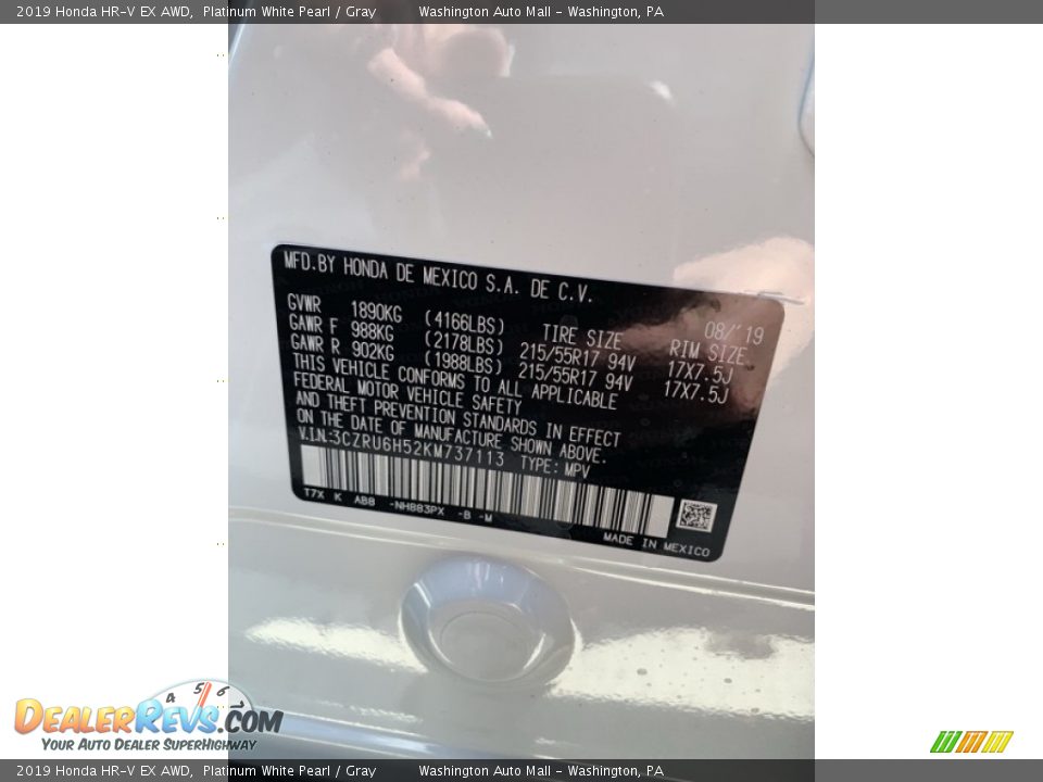 2019 Honda HR-V EX AWD Platinum White Pearl / Gray Photo #9