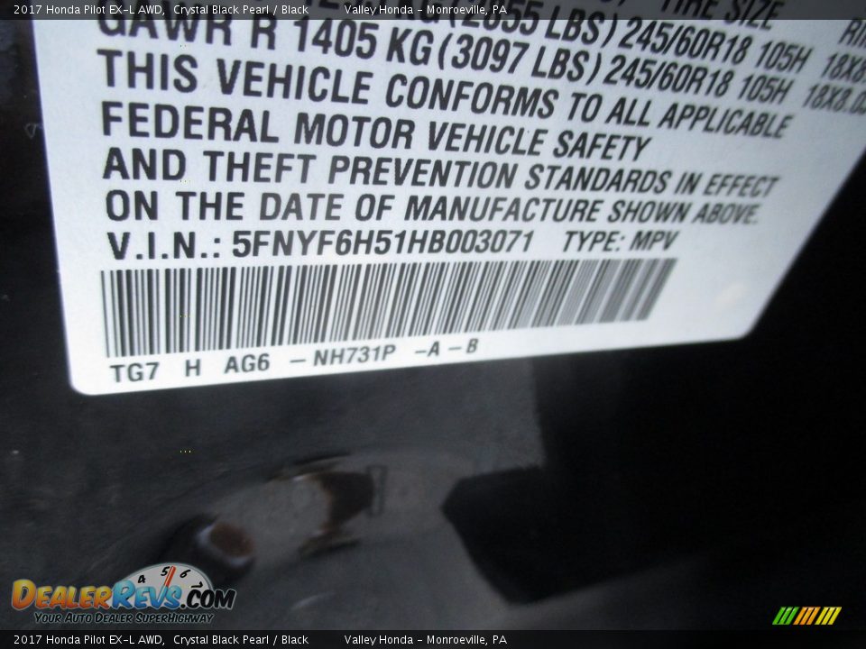 2017 Honda Pilot EX-L AWD Crystal Black Pearl / Black Photo #19