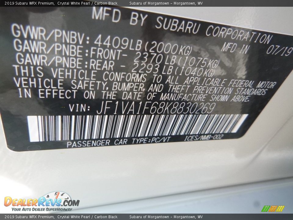 2019 Subaru WRX Premium Crystal White Pearl / Carbon Black Photo #16