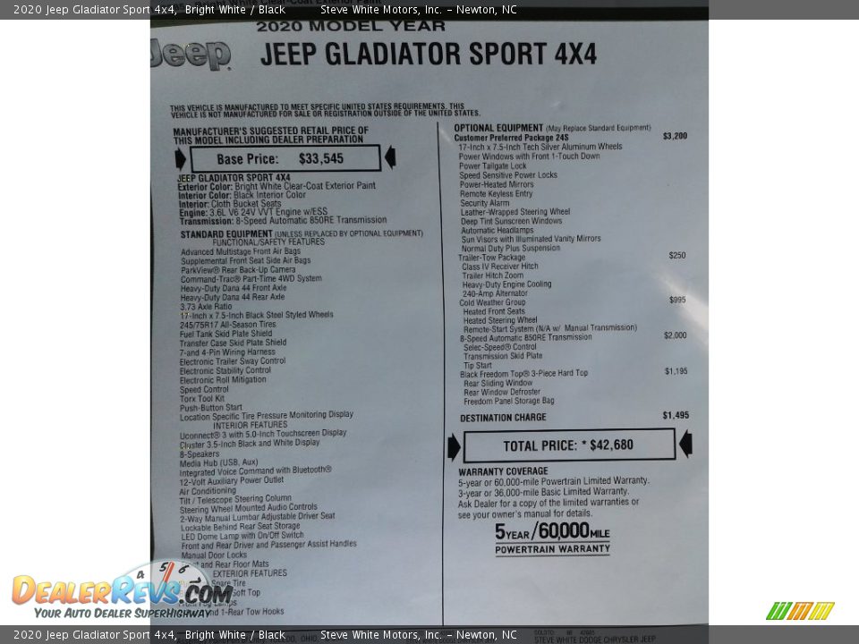 2020 Jeep Gladiator Sport 4x4 Bright White / Black Photo #28